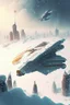 Placeholder: spaceship flying low over a snow-covered city