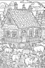 Placeholder: A cute cozy woodland cabin surrounded by peaceful animals, Coloring page for kids, cartoon style, thick outline, low details, no shading, no color