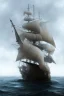 Placeholder: front view of a ship with a spider figurehead in stormy weather