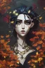 Placeholder: abstract creation of a beautiful girl with black curly hair, surrounded by black roses, thick metal chain broken, glass petals on the ground, autumn colours,dried out thorn bush, chaos,