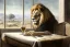 Placeholder: Lion sitting at a table. A staple of garlic bulbs on the table. Glass milk. Highly detailed, smooth colours, realistic landscape. Aquarell