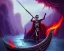 Placeholder: sango fantasy, fantasy magic, intricate, sharp focus, illustration, highly detailed, digital painting, concept art, matte, Greek mythology Charon ferryman, skeleton in full length cape, in boat on river styx, sharp jagged rocks, red purple blue colours, red hot lava river