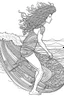 Placeholder: Outline art for coloring page OF THE BACKSIDE OF A HAWAIIAN SURFER WITH BIG CURLY KINKY HAIR WEARING SHORTS RIDING A SURFBOARD ON A WAVE, coloring page, white background, Sketch style, only use outline, clean line art, white background, no shadows, no shading, no color, clear