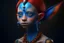 Placeholder: { mature woman, young man, little girl } with { red, blue, amber} skin looks like an alien, long neck, ear like bat wings, big eyes, beautiful, little hair, royal with jewlery, photorealistic, elongated head, skin decorations --v 6