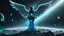 Placeholder: angel with a wings siting on the blue monolith made of blue tiberium crystals of lights, matrix universe, planets on the back grounds, green crystals of tiberium on the life and right