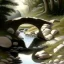 Placeholder: a landscape painter draws a sketch at a little stone bridge, brook, highly detailed, smooth colours