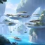 Placeholder: In this futuristic scene, houses are perched on levitating stones, interconnected by suspended bridges. The ethereal setting combines the architectural charm of floating homes with the structural elegance of hanging bridges, creating a harmonious blend of innovation and fantasy.