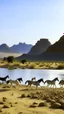 Placeholder: Sudan , kassala mountains, horses running down mountain leading to blue lake