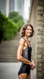 Placeholder: anorexic beautiful woman, age 21, total shot, short anthracite triathlon swimsuit, wavy bob haircut, surfer hair, blurred city background