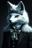 Placeholder: A human-like white fox in the style of Bloodborne, wearing fancy clothes