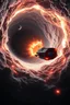 Placeholder: A spaceship getting out an Intense worm Hole explosion in deep space. Wormhole apocalypse wipes out Universe. Worm-hole collision explodes in outer space. Epic galaxy with growing black hole. Cinematic interstellar