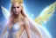 Placeholder: beautiful, very soft, smiling, very straight and long blonde hair, dewy and shiny vibe, diamond crown, long fairy wings in the back, soft and young full head, golden veil clothes, smiling, bachground lights pink and blue