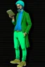 Placeholder: Modern guy, 20s, holding ipad in left hand, looks like a renaissance painting, walking forward, full body, "persian green", "right hand pointing down". Front facing