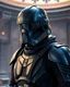 Placeholder: star wars bald male corellian pilot wearing pearlescent black and gunmetal grey First Order special forces heavy assault stealth commando armor and helmet with mirrored visor and gold and metallic red trim inside the jedi temple, hyperdetailed, dynamic lighting, hyperdetailed background, 8k resolution, volumetric lighting, light skin, fully symmetric details