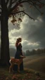 Placeholder: Bosch painting style, nightmare , a beautiful woman standing by the tree branches and leaves, looking at little deer and his mom standing by great quality picture with cinematic scenes , heavy clouds in the background