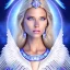 Placeholder: portrait of a beautiful aztecan woman with an angel face smiling,long blond hair, blue eyes, pink and blue dress, jewels, soft light aura