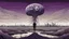 Placeholder: an giant block of amorphe stone of several layers inner a human figure stands alone , in outside around weird landscape with city in the distance, sharp lines, fade pale eyes, fade human figures in city, dark purple, gray, black, white, brown. Whimsical style and surreal vibe, lonely with absurd broken land, neuron network background, surreal nightmare vibe