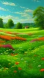 Placeholder: A green meadow filled with flowers painted by Frank Wilson