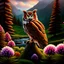 Placeholder: Create the most beautiful ultra-realistic image of an owl with big eyes in the world sitting on top of a fir tree and overlooking a wonderful green valley where a beautiful stream flows with colorful flowers to its banks, perfect clarity in high quality 24K resolution, deeply immersed in meditation, its feathers are carefully designed to present a breathtaking realism. This mesmerizing image shows the bird's intricate plumage, each feather sculpted to perfection. The vibrant colors of its feath