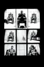 Placeholder: a page divided into 6 rectangular panels, each with different views of a man strapped to a chair and being interrogated, lower and higher perspectives, suspenseful torture graphic novel, comic book