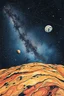 Placeholder: Bosch painting style of a stars in the space with earth and other planets in it, thine line draw style, show a shot of a view of Mars surface