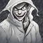 Placeholder: a closeup of a psychopathic young man with white eyes in a heavy coat and hood during a rainstorm laughing cartoon