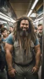 Placeholder: full figure photography of an ugly dirty gipsy burly muscular chubby stocky strong man 31 years old with raided beard, dreadlocks, manly chest, hairy , smiling mouth, photorealistic ,shirtless, bulging shorts, side light, inside a crowded subway station , neon lights