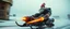 Placeholder: close up on gnome troll hit man with rocket boots in suit on a mech sled doing jumping stunt in winter wasteland, style of fallout 4, high speed with motion blur, on elevated road, beard blown into his face