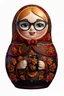 Placeholder: draw a Russian matryoshka doll in the style of Khokhloma, the matryoshka is smiling, the matryoshka has a coffee cup in her hands, a frontal angle, a picture on a white background, the matryoshka is drawn entirely, a highly detailed 3d picture