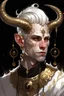 Placeholder: A young tiefling man with a set of ram horns on his head encrusted with jewels, White-Blonde, short hair, black eyes, dressed in white and gold with lots of jewelry, beautiful