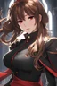 Placeholder: (masterpiece), (anime style), award winning, close up, centered, headshot, looking toward camera, long brown hair, young woman, redeyes, modern, dynamic lighting, ultra detailed, (epic composition, epic proportion), professional work, black and red clothes