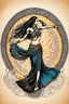 Placeholder: a belly dancer woman with long hair dancing on the circle square , beautiful colors, sunshine and black ink, pen drawing