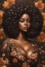 Placeholder: Create an oil painting image of a curvy black female wearing a brown off the shoudler blouse and she is looking down with Prominent makeup. Highly detailed tightly curly black afro. Background of large brown and black flowers surrounding her