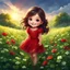 Placeholder: Adorable digital painting of a cute little girl in a gorgeous red dress smiling in a field surrounded by clover, front view, cute chibi face, glowing eyes, long dark hair, high quality