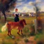 Placeholder: shetland pony, fence, field, oil painting, by Renoir, summer daytime, dreamlike