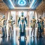 Placeholder: (masterpiece, best quality, 8k, RAW photo, beautiful and aesthetic:1.2), complex detail, Indirect light, photorealistic, (((full body))), Meeting of a group of caucasian and asian cosmic male gods smiling, Mixed, sci-fi and cyborg outfit Tron like with golden futuristic artifacts, white, blue and silver elements- Inside a great room of a flying saucer with a round hublot showing a galactic sunset