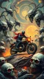 Placeholder: Create a highly detailed and intricate image featuring an otherworldly landscape that blends organic and mechanical elements. The scene should include a central figure on a motorcycle with glowing elements, surrounded by an array of fantastical creatures and skulls with mechanical parts. The background should be filled with swirling patterns, reminiscent of both machinery and biological forms, creating a sense of depth and complexity. Include vibrant colors that highlight the surreal nature of t