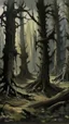 Placeholder: Black warped woodlands with dead trees and shadow monsters painted by Peter Carl Faberge