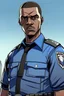 Placeholder: Draw me a black-skinned, young GTA character who is policeman officer. He should have a GTA mark, he should be tall,