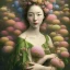 Placeholder: A surrealist painting showcases a woman, surrounded by blooming flowers. This masterpiece was crafted by the talented Ikuo Hirayama and is reminiscent of the works of Naotto Hattori. The subject's detailed face is partially obscured by a mask, and she is draped in a garment of rich green and pink. The painting draws inspiration from the works of Gong Li, Ayami Kojima, and Yoshitaka Amano, as well as Alexey Egorov's style. The woman is surrounded by stems and the piece has a collage-like quality,