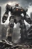 Placeholder: Giant Gundamn robot in the wreckage of a city, photorealistic