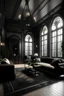 Placeholder: Design the interior decoration of a living room with a lot of natural light and modern with a dark color theme in Gothic style
