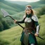 Placeholder: she is an iron maiden in the shire, with her battle-axe she is ready to defend her friends. Psychedelic, detailed 35mm film photograph. Resolute Hobbit iron maiden in rustic steel armor with etched patterns stands fiercely in the rolling green Shire hills. She holds a large, battle-worn two-handed battle-axe ready. Determined, brave expression. Braided hair. Round hobbit holes, gardens, distant conical hills under a swirling turquoise and magenta sky at golden sunset. Several hobbits, her friend