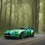 Placeholder: Centered, Single extremely detailed realistic Aston Martin sports car, moving on a detailed realistic road in dark woods, clear sky with visible planet, symetrical, HD, 4k, 8k, Car color= Dark green with black, Woods color=gray,black,dark green, Sky color= light blue and gray, lightning