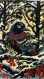 Placeholder: A contemporary serigraphy painting by Matisse and Jakuchu of a human-like crow adorned in a punk leather jacket within a snowy Christmas atmosphere.