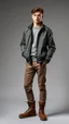 Placeholder: young man with short hair ,classic jacket and panta stand full body hands free release pose pretty boots ,simple background