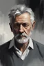 Placeholder: Oil portrait style. Dark palette. Waist-high. An old gray-haired man with short hair. HE IS WEARING ONLY A WHITE SHIRT. Goatee beard. Tired eyes.