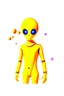 Placeholder: Full head to toe portrait + profile of a creature with (((a flat orange triangle pointing downwards for a head))), large round eyes like bright yellow headlights, a small body, its feet are in seamless silver and orange skin-tight boots with its skin-tight jumpsuit. It stands out against a white background.