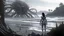 Placeholder: Detailed matte painting of a wide-angle shot of a woman, standing on the right side of an alien beach, with dark hair in a silver robotic catsuit, many large floating creatures with shells and long tentacles, alien jungle trees in the distance