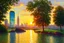 Placeholder: sunset, buildings, lake, rocks, city, park, trees, cyberpunk, sci-fi, emile claus, and claude monet impressionism paintings